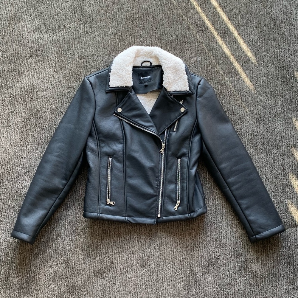 Express Faux Leather Sherpa Lined Moto Jacket